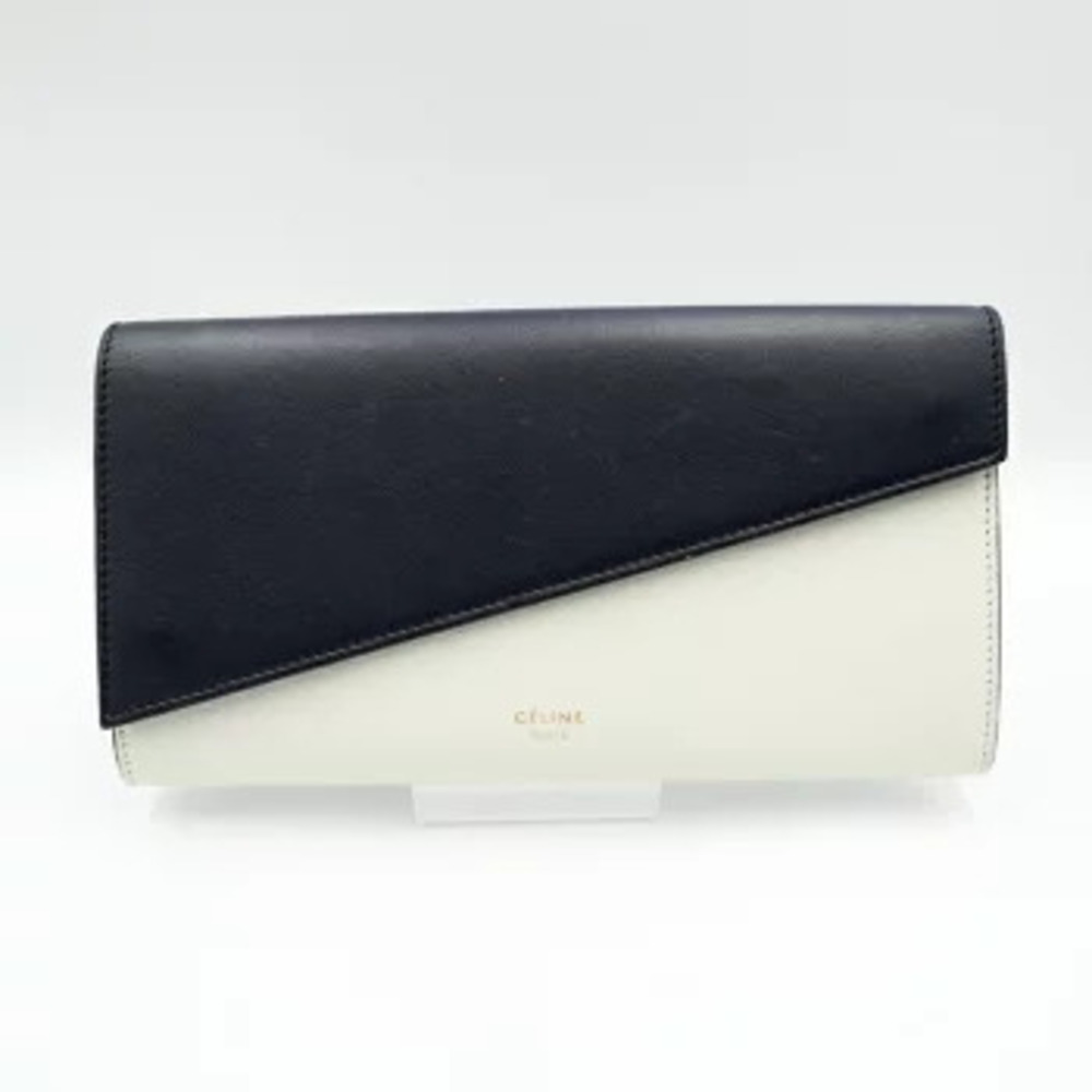 Celine Diagonal Flap Long Wallet Bicolor Navy Leather Blue White